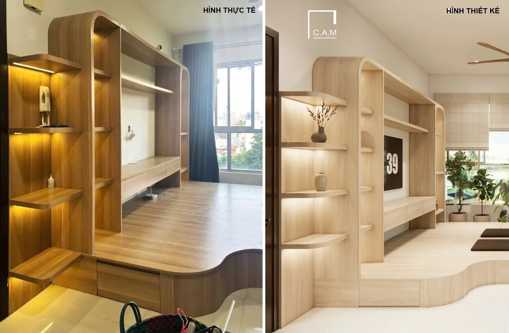 Đối chiếu thiết kế và thực tế hệ tủ phòng khách Celadon City